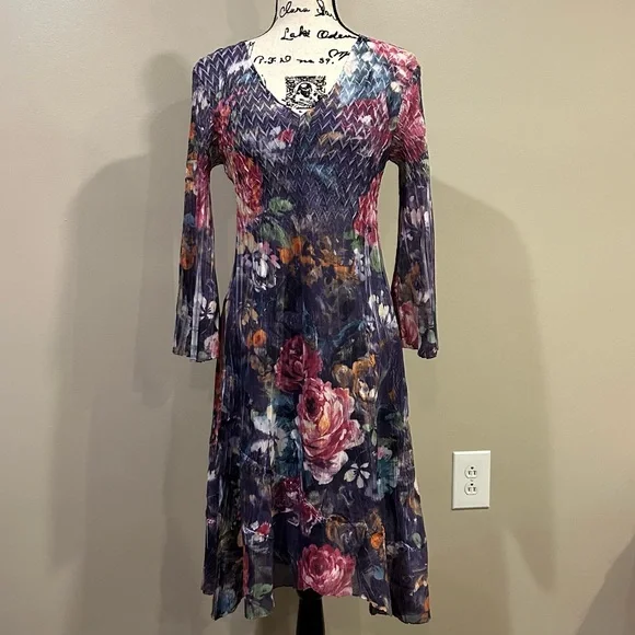 Komarov Dresses | Komarov Floral V-Neck Long Bell Sleeve Pleated A Line Dress | Color: Black/Purple | Size: M | Justylove's Closet